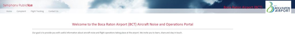 Public Vue Home page "Welcome to the Boca Raton Airport (BCT) Aircraft Noise and Operations Portal