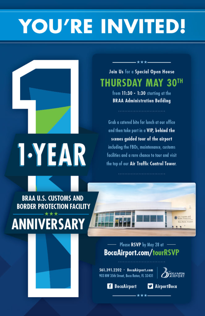 Flyer announcing 1-year anniversary celebration for hte U.S. Customs and Border Protection Facility at BRAA, Thursday, May 30, 2019