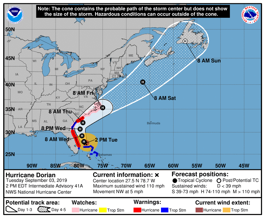 Hurricane Dorian projected cone and path at 2 p.m. on September 3, 2019