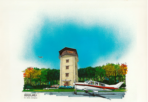 Airport tower rendering whit an airplane in front